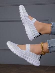Sporty Sneakers For Women, Colorblock Braided Detail Slip On Shoes - White - View 3