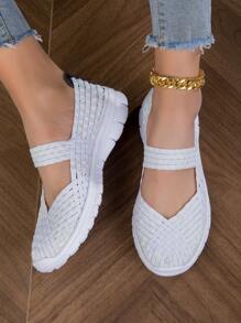 Sporty Sneakers For Women, Colorblock Braided Detail Slip On Shoes - White - View 5