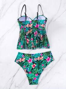 热带印花聚拢比基尼，夏日海滩 - 黑色 - 查看 4