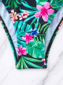 热带印花聚拢比基尼，夏日海滩 - 黑色 - 查看 7