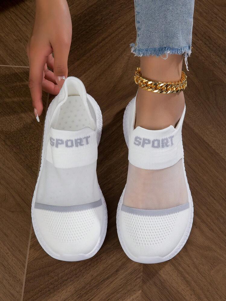 Zapatos deportivos con gráficos de letras y transpirables para mujer, perfectos con mallas, calzado deportivo de tela para correr al aire libre - Blanco - Añade 1