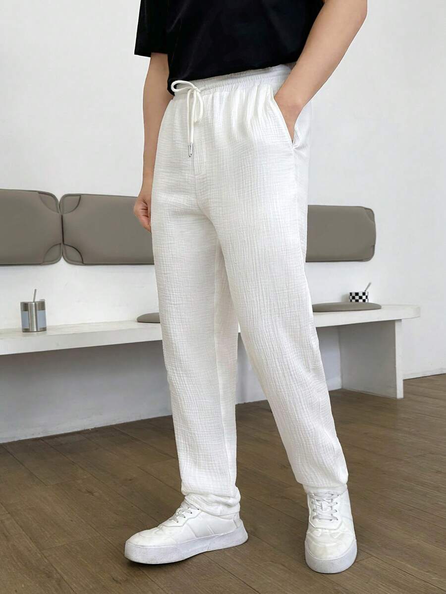 Manfinity VCAY Men Cotton Drawstring Waist Slant Pocket Trousers - White - View 1