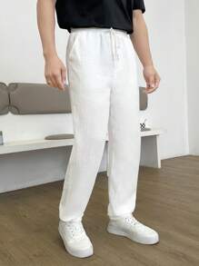 Manfinity VCAY Men Cotton Drawstring Waist Slant Pocket Trousers - White - View 3