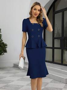 HOMEYEE Đầm Viên lá sen Chia Dây kéo Nút đôi màu trơn Thanh lịch - Màu xanh hải quân - Xem 1