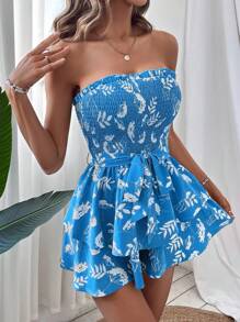 SHEIN VCAY Plants Print Shirred Belted Tube Romper - Blue - View 1