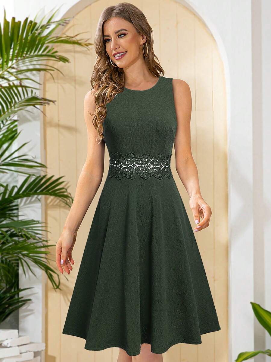 HOMEYEE Đầm Tương phản ren Dây kéo màu trơn Giải trí - xanh quân đội - Xem 1