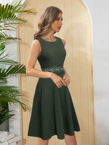 HOMEYEE Đầm Tương phản ren Dây kéo màu trơn Giải trí - xanh quân đội - Xem 3