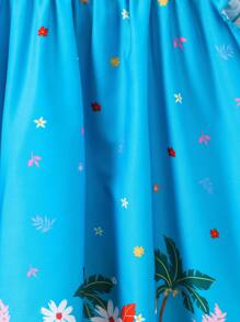 SHEIN 小女童熱帶圖案荷葉邊連衣裙 - 藍色 - 查看 5