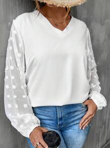 SHEIN LUNE 大碼圓點燈籠袖襯衫 - 白色 - 查看 5