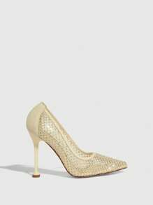 女士水鑽裝飾宮廷網紗細跟魅力四射高跟鞋 - 杏色 - 查看 5