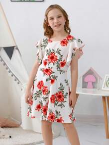 青少年女孩印花荷葉邊連衣裙 - 白色 - 查看 1