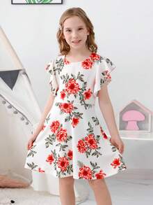 青少年女孩印花荷葉邊連衣裙 - 白色 - 查看 5
