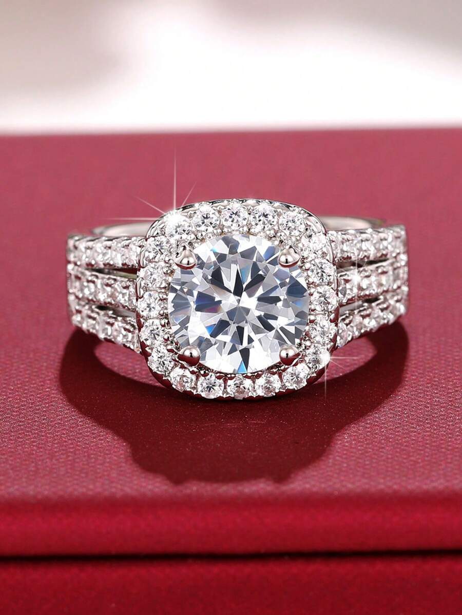 1入組魅力四射銅方晶鋯石裝飾戒指適合女士適合情人節禮品 - 銀色 - 查看 1