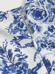 SHEIN MOD Plus Allover Floral Print Bustier Cami Corset Structure Dress - Blue and White - View 3