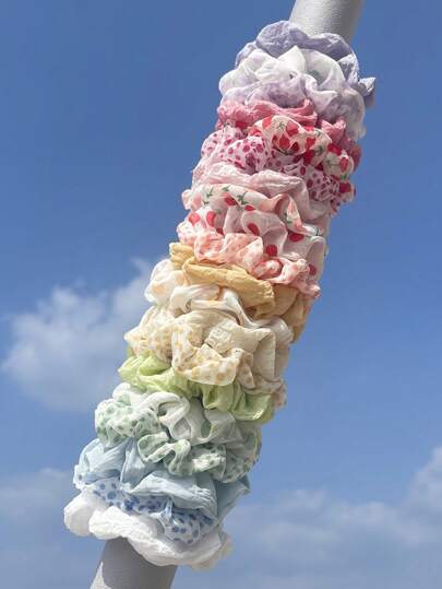 20pcs/Set Colorful Chiffon Hair Scrunchies, Summer Beach Wedding Accessories, Pink & Red Floral Design Hair Ties Scrunchy Hair Ties