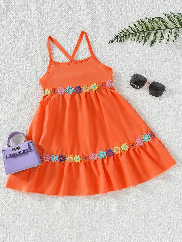 Young Girl Appliques Ruffle Hem Cami Dress