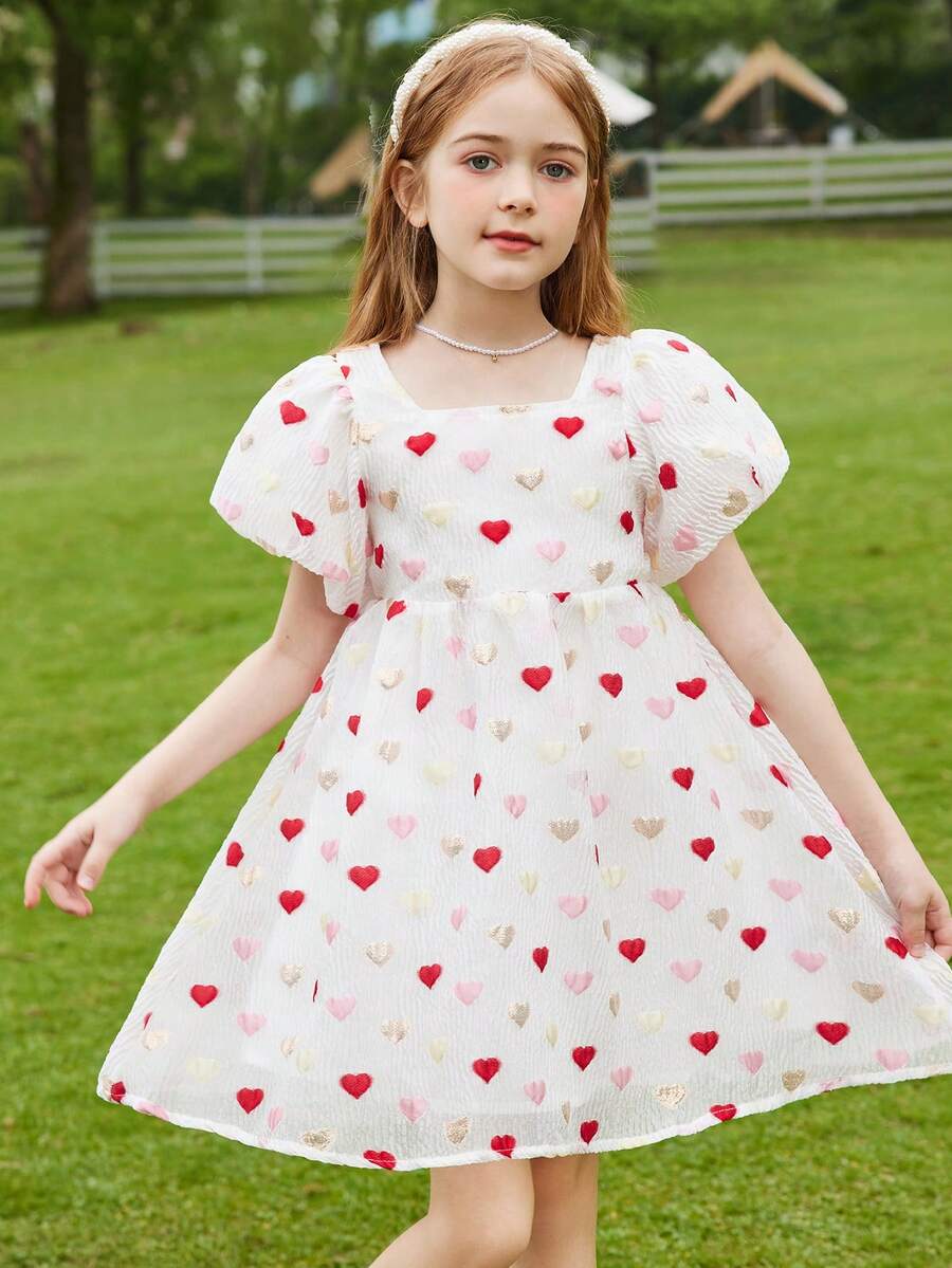 Tween Girl Heart Print Puff Sleeve Dress - White - View 1