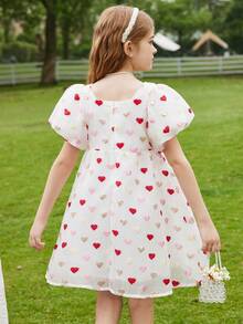 Tween Girl Heart Print Puff Sleeve Dress - White - View 2