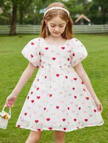 Tween Girl Heart Print Puff Sleeve Dress - White - View 3