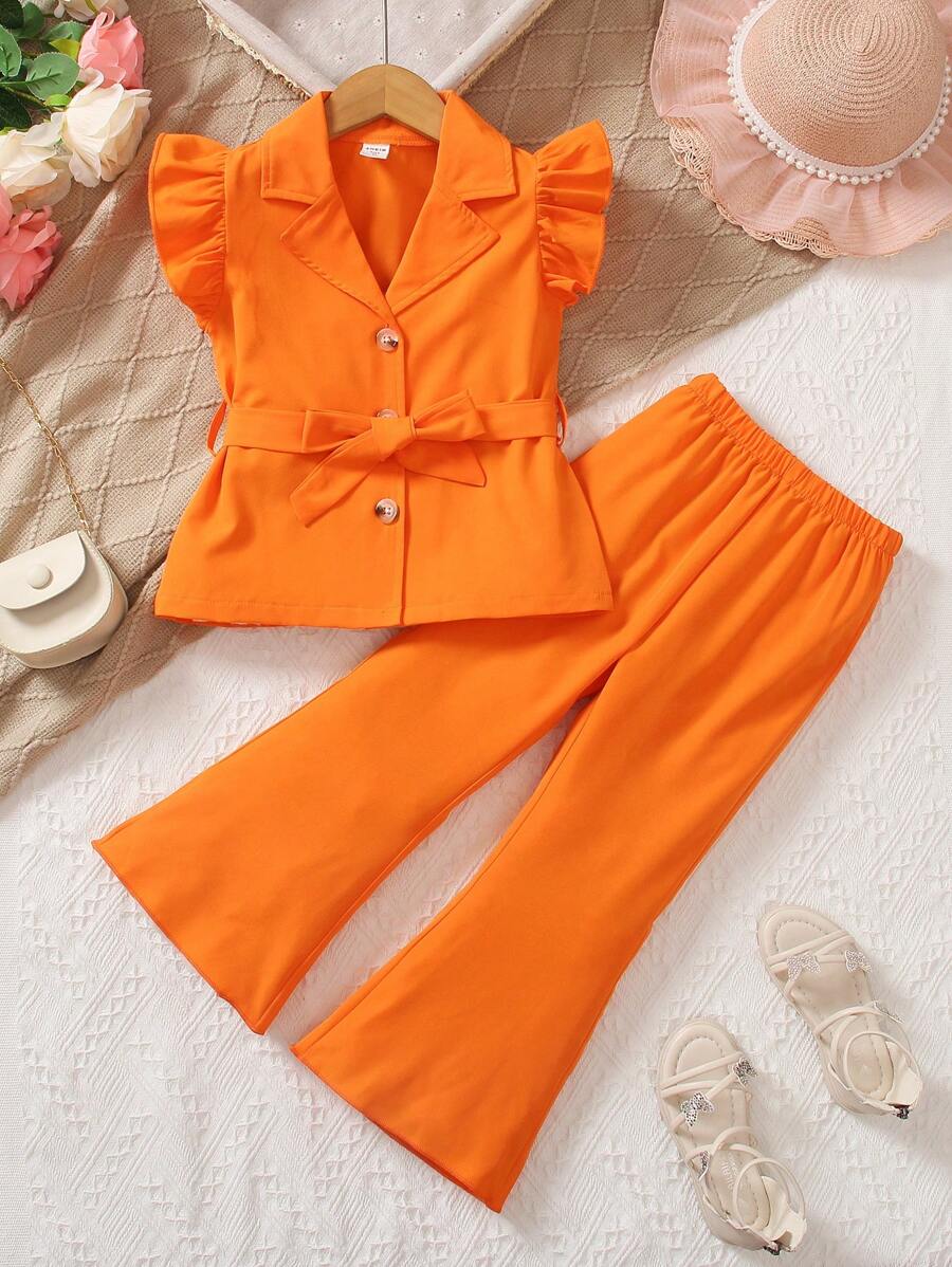SHEIN Toddler Girls Ruffle Trim Belted Blouse & Flare Leg Pants - Orange - View 1