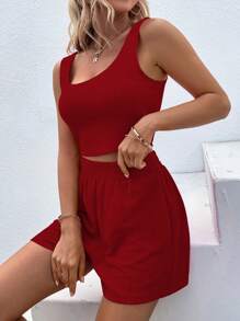 SHEIN LUNE 素色短款背心和短褲 - 紅色 - 查看 4