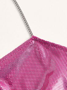 SHEIN ICON Chain Detail Backless Crop Metallic Halter Top - Hot Pink - View 4