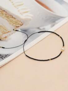 1pc Natural White Faux Pearl Rice Bead Adjustable Bracelet - Multicolor - View 3