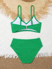 Conjunto de bikini texturizado liso para niña preadolescente, playa de verano - Verde - Ver 2