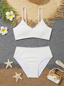 Tween Girl Plain Bikini Set Summer Beach - White - View 1