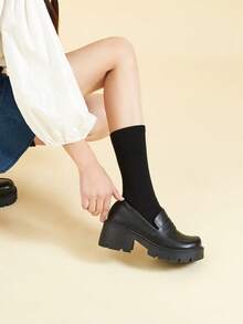 優雅黑色高跟鞋適用於女士針腳細節粗跟樂福鞋 - 黑色 - 查看 4