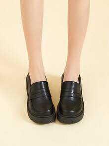 優雅黑色高跟鞋適用於女士針腳細節粗跟樂福鞋 - 黑色 - 查看 8