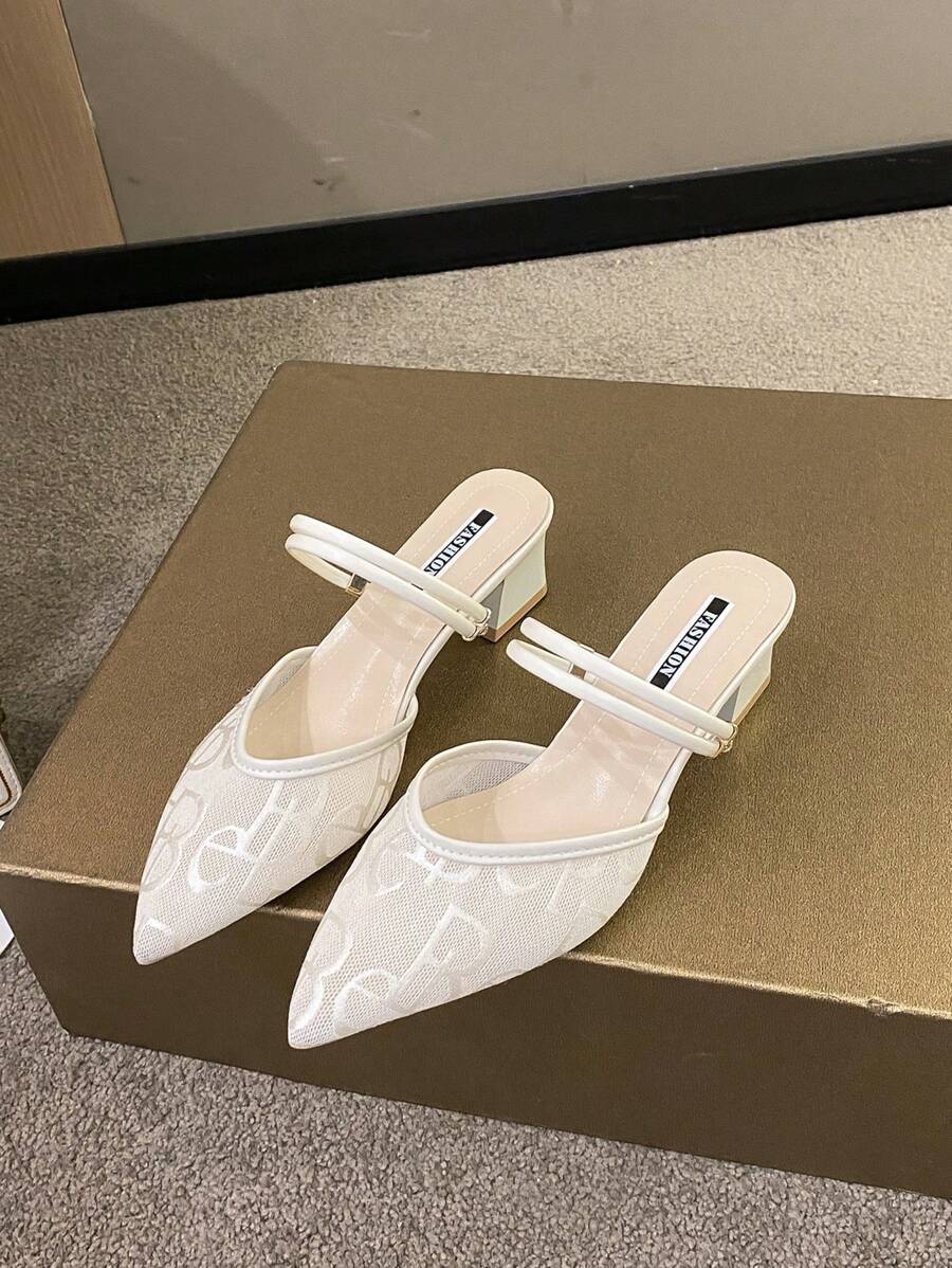 全新 尖头镂空粗跟刺绣网眼鞋 女士派对礼服鞋