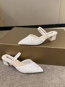 全新 尖头镂空粗跟刺绣网眼鞋 女士派对礼服鞋 - 白色 - 查看 6