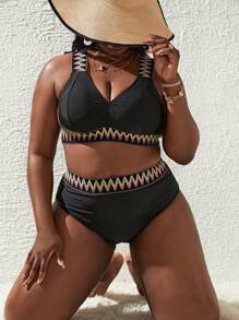 SHEIN Swim Curve 大碼Z字形膠帶比基尼套裝，夏日海灘必備