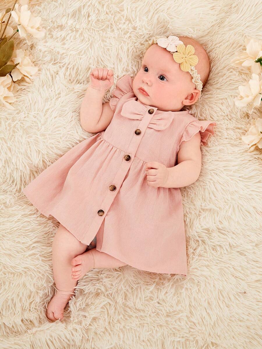 SHEIN Đứa bé gái Sơ sinh Viền Ruffle Nút phía trước Đầm - Màu Hồng baby - Xem 1