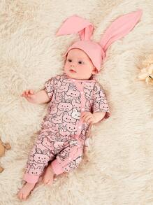 SHEIN 嬰兒卡通圖案T恤連體褲和帽 - 彩色 - 查看 1