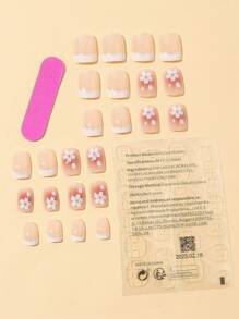 Transforma tus uñas con 24 piezas de uñas postizas cuadradas cortas con patrón francés floral color rosa + 1 archivo de uñas + 1 hoja de uñas adhesivas, suministros de uñas - Multicolor - Ver 2
