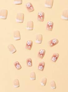 Transforma tus uñas con 24 piezas de uñas postizas cuadradas cortas con patrón francés floral color rosa + 1 archivo de uñas + 1 hoja de uñas adhesivas, suministros de uñas - Multicolor - Ver 3