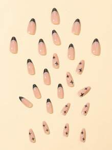 24入組長型杏仁形黑色法式金邊星星圖案美甲假指甲，包含1pc美甲檔和1片膠帶，簡易貼上美甲工具