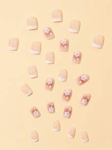Transforma tus uñas con 24 piezas de uñas postizas cuadradas cortas con patrón francés floral color rosa + 1 archivo de uñas + 1 hoja de uñas adhesivas, suministros de uñas - Multicolor - Ver 4