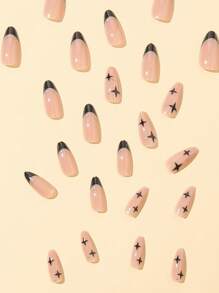 24入組長型杏仁形黑色法式金邊星星圖案美甲假指甲，包含1pc美甲檔和1片膠帶，簡易貼上美甲工具