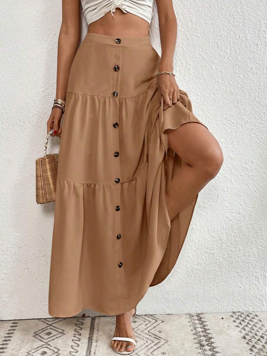 SHEIN LUNE Spódnica maxi z falbanką z przodu i guzikami