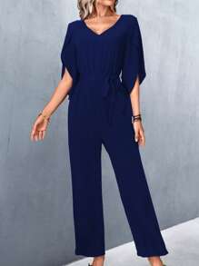 Chiquease Solid Petal Sleeve Belted Jumpsuit - Navy Blue - View 4