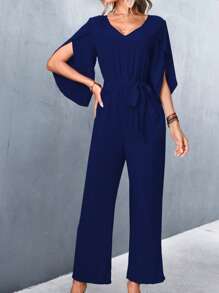 Chiquease Solid Petal Sleeve Belted Jumpsuit - Navy Blue - View 5
