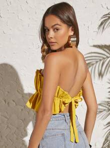 Soleia Áo nữ Lộ Lưng Xù Viên lá sen Buộc lại màu trơn Gợi cảm - Màu vàng - Xem 2