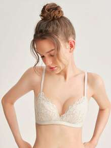 Floral Lace Wireless Bra - Beige - View 3