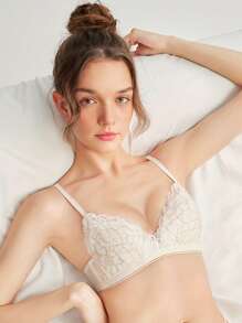 Floral Lace Wireless Bra - Beige - View 4