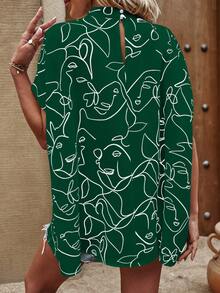 SHEIN LUNE Abstract Figure Graphic Batwing Sleeve Blouse - Green - View 2