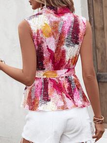 SHEIN VCAY Allover Print Asymmetrical Hem Belted Blouse - Multicolor - View 2