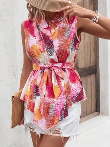 SHEIN VCAY Allover Print Asymmetrical Hem Belted Blouse - Multicolor - View 4